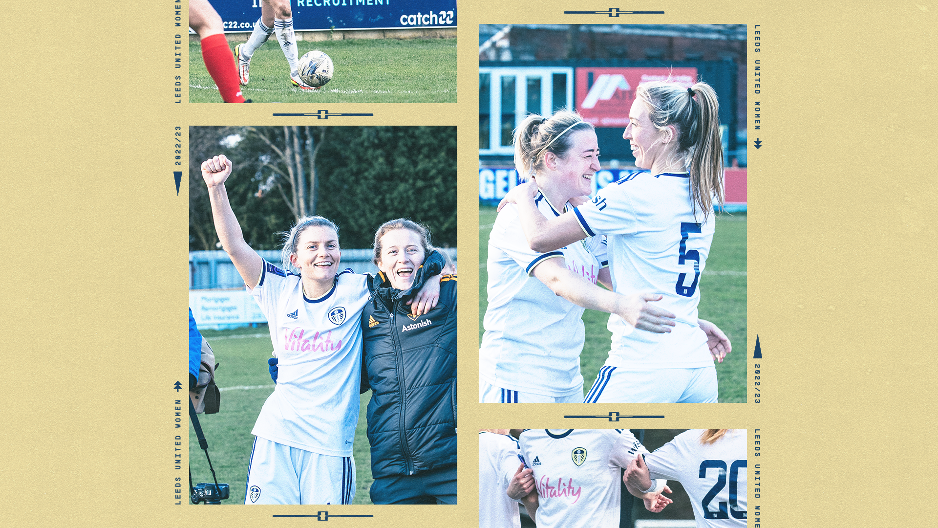 A collage of photos of Leeds United Women players celebrating