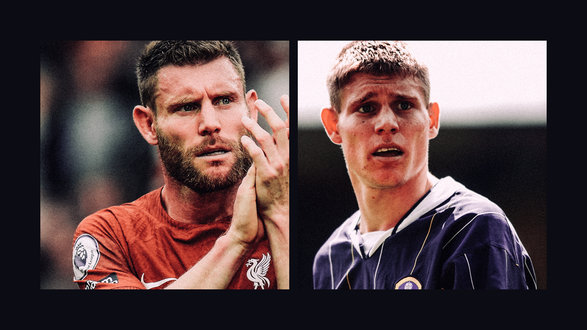 Two photos of James Milner next to each other: on the right, the spotty teenager in a Leeds shirt; on the left the bearded veteran at Liverpool