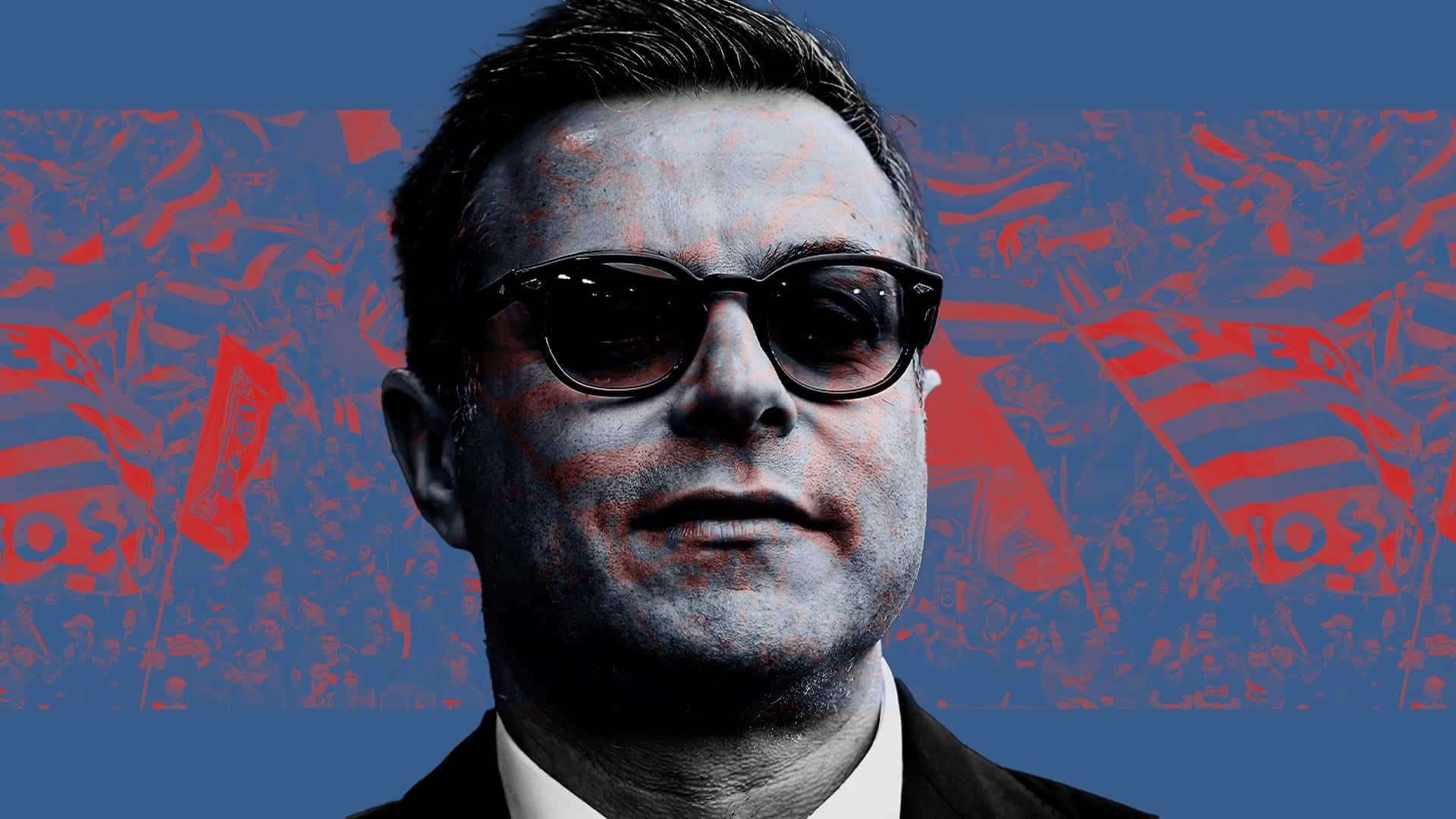 Andrea Radrizzani wearing sunglasses, set against a backdrop of Sampdoria fans who are understandably angry