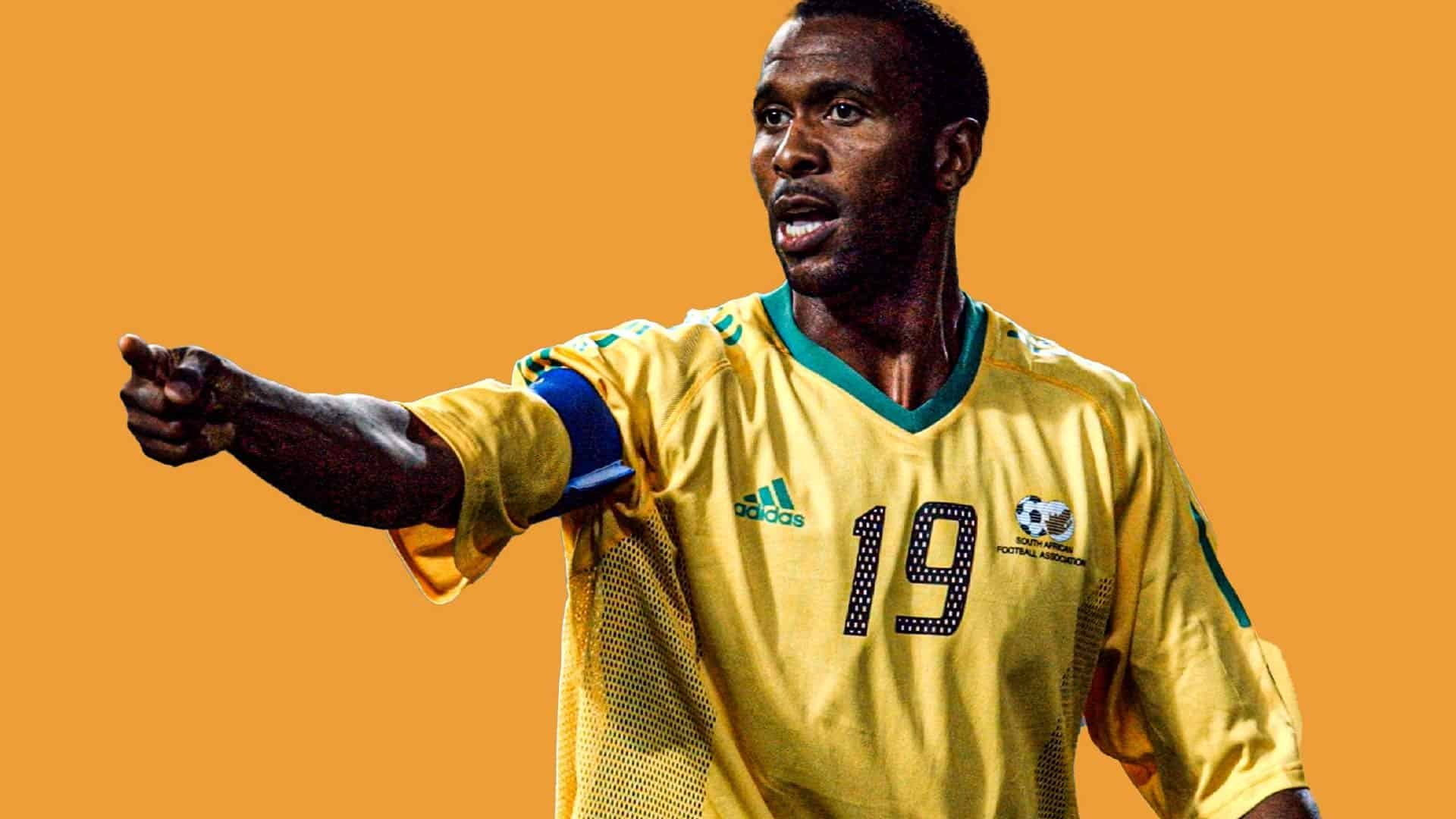 Lucas Radebe wearing the captain's armband for South Africa at the 2002 World Cup
