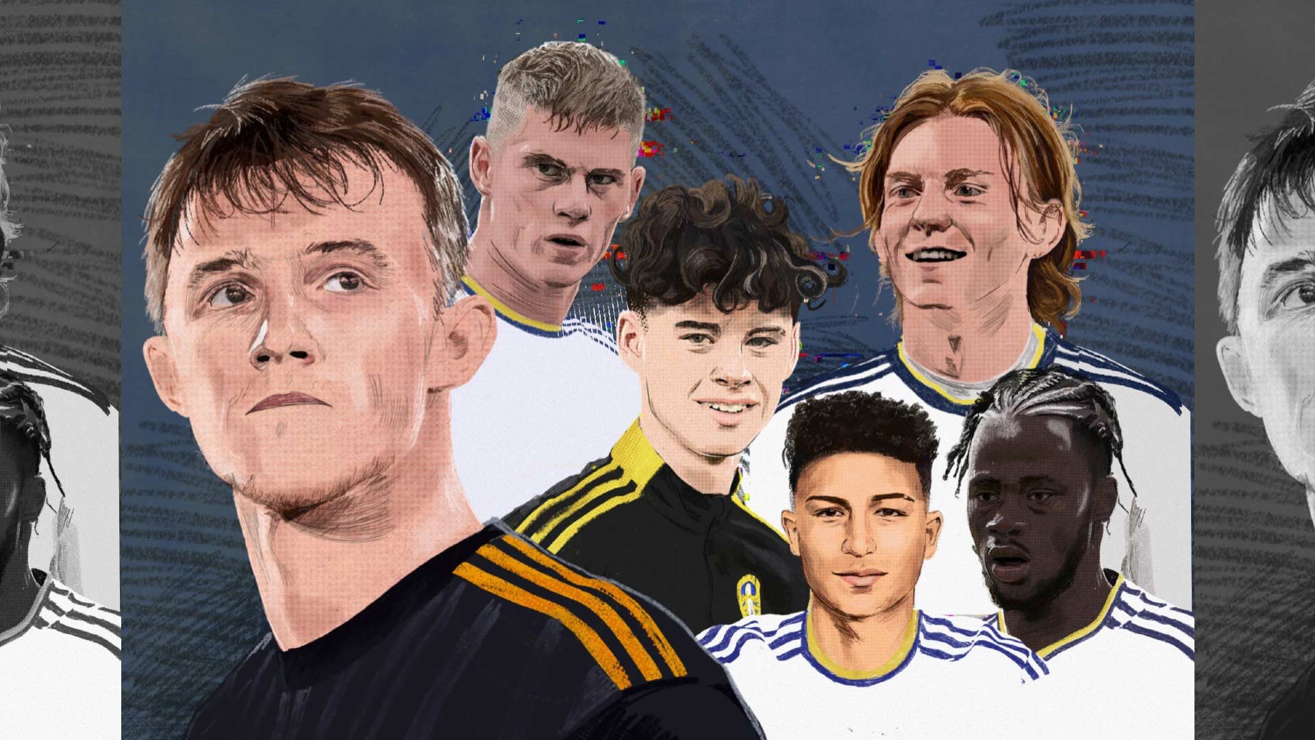 An illustration of our Leeds Under-21 saviours Joffy Gelhardt, Charlie Cresswell, Archie Gray, Mateo Joseph, Darko Gyabi, and the Merseyside Messi Sean McGurk