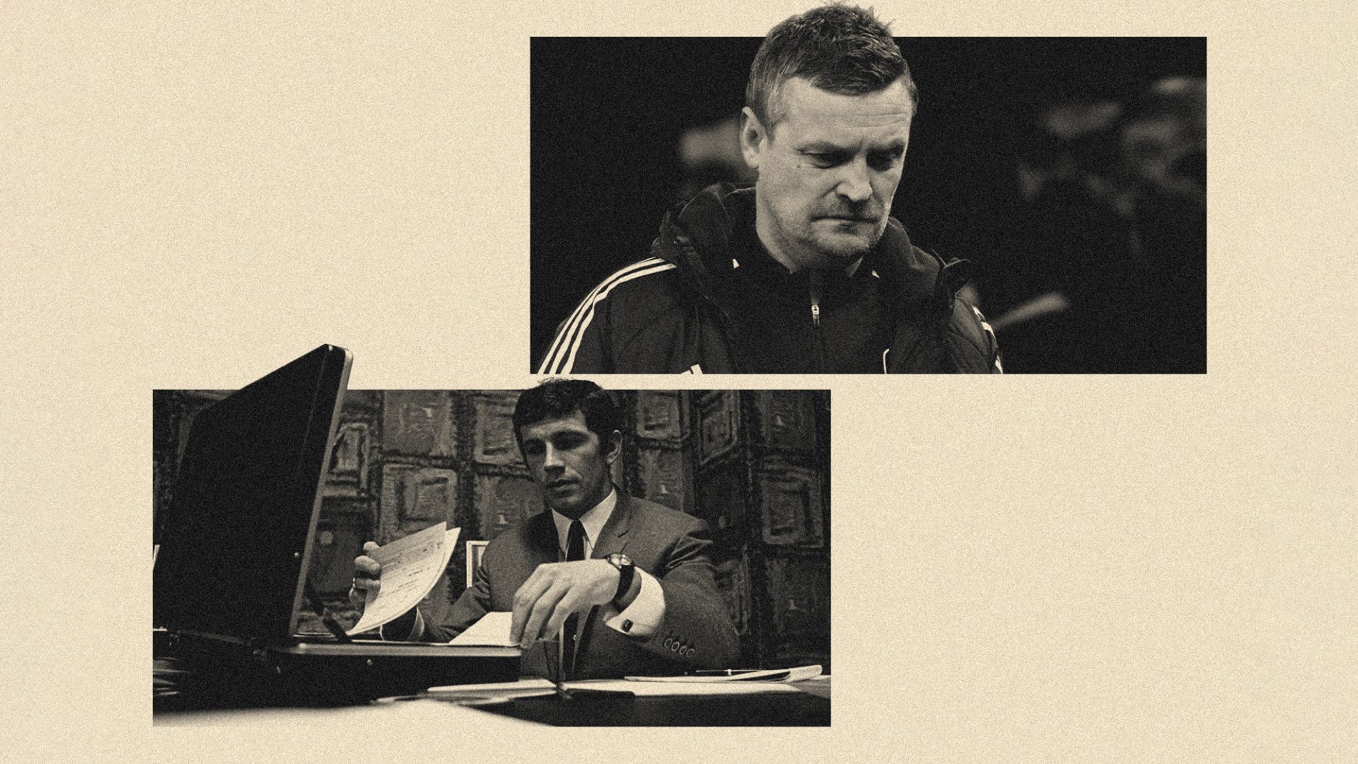 Johnny Giles wearing a suit, looking at some important documents in a suitcase, next to a photo of Michael 'Skubes' Skubala