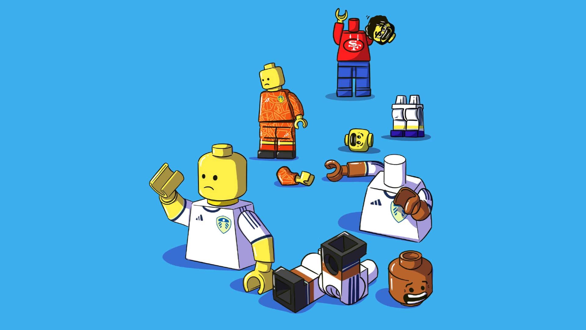 Pieces of Lego in Leeds United kits, but each one is broken, with legs, or ams, or a head missing