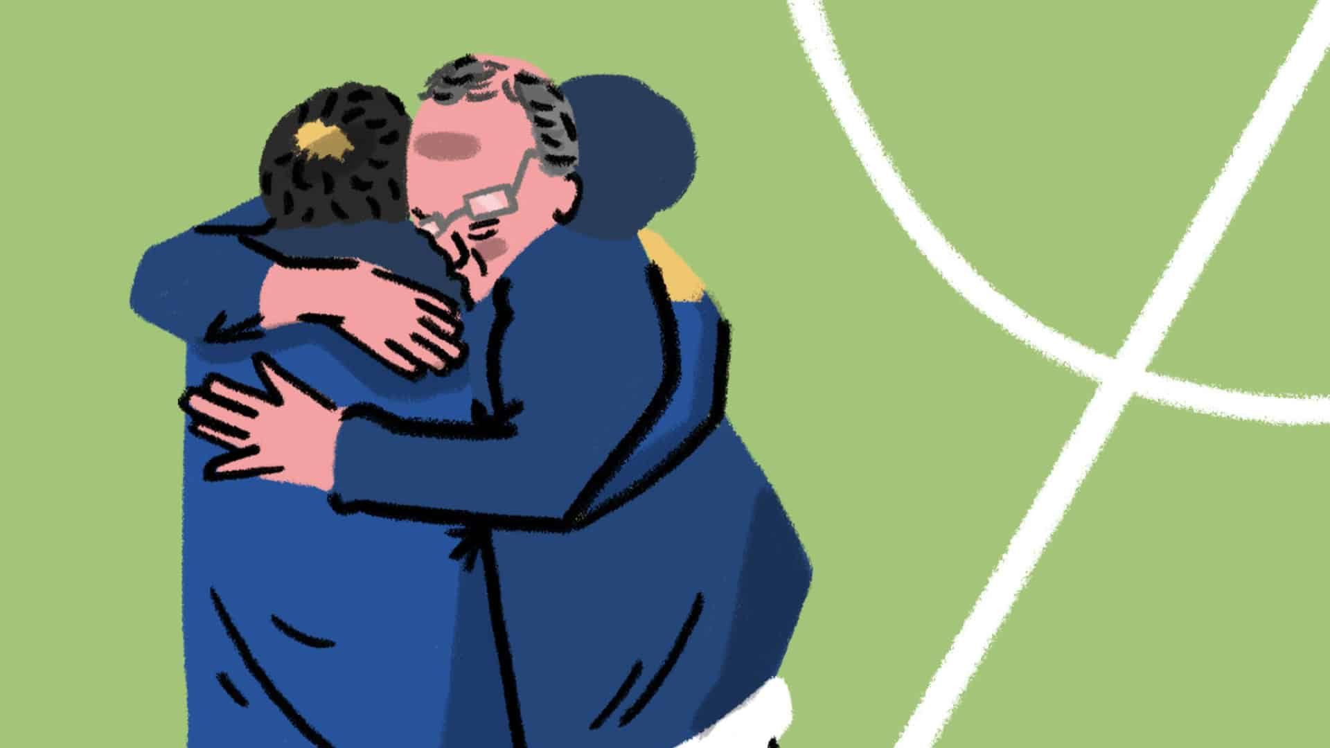 An illustration of Marcelo Bielsa hugging Pablo Quiroga, making his glasses all wonky