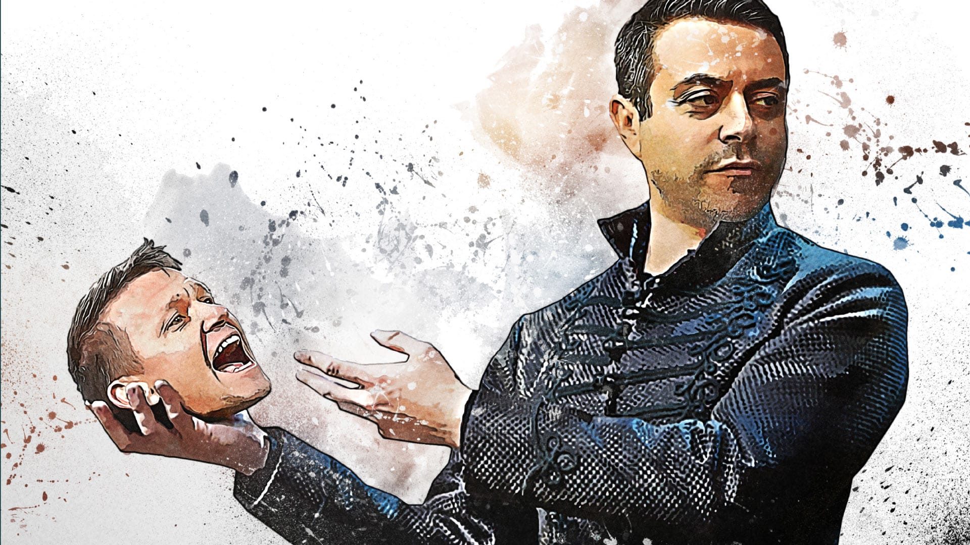 An illustration of Andrea Radrizzani holding the head of Jesse Marsch, like Hamlet holding Yorick's skull. Jesse doesn't look happy about it
