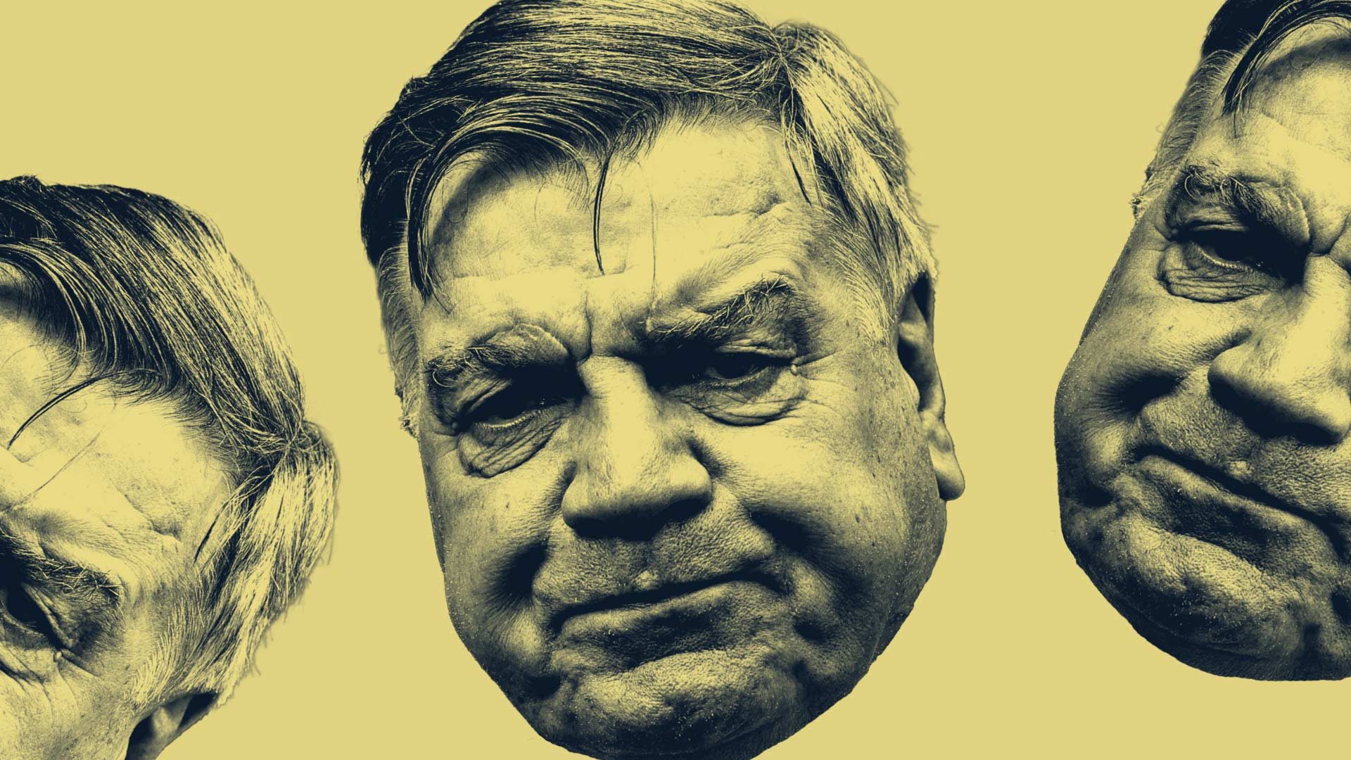 Three floating Sam Allardyce heads against a yellow backdrop. He looks like he's chewing a wasp