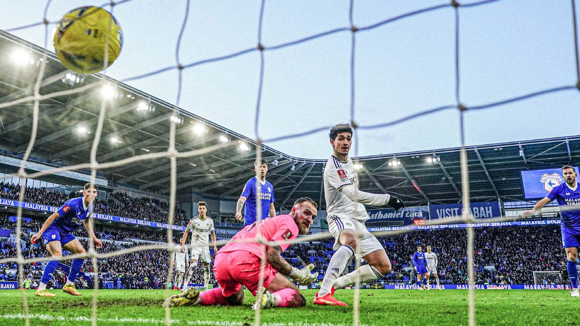 Sonny Perkins scoring his never-in-doubt last minute equaliser against Cardiff