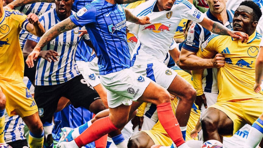 A collage of Champo kits from this season, with a little glimpse of Wilf Gnonto in our away kit (which is the best, obvs)