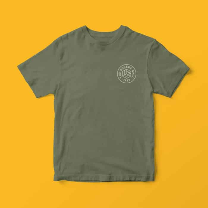 An image showing our new khaki pocket logo t-shirt laid flat